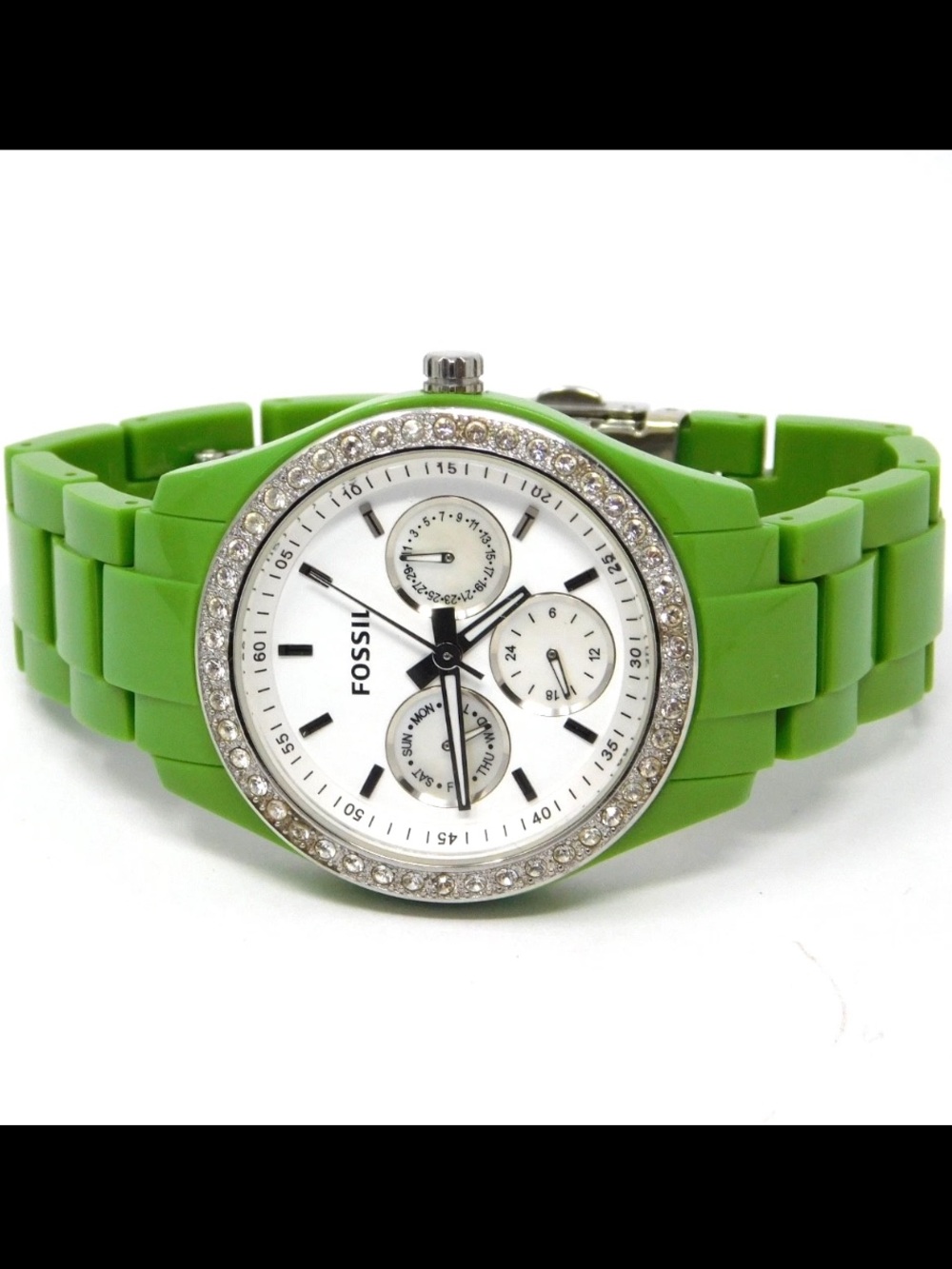 Fossil Women's Watch ES 2368 Lime Green Link Chrono White Dial Crystals Ladies